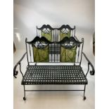 CONSERVATORY BENCHES, a pair, wrought iron inlaid, with faux marble painted, bamboo print, 116cm W x