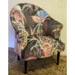 TUB CHAIR, 76cm H x 66cm W, ebonised in foliate patterned velvet.