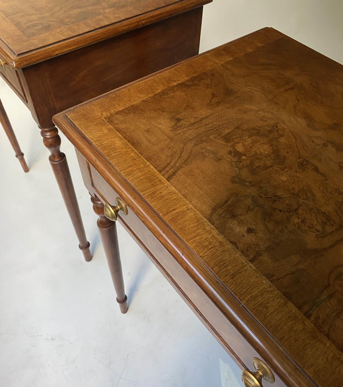 LAMP TABLES, a pair, George III style burr walnut and crossbanded each with a frieze drawer, 58cm - Image 5 of 6