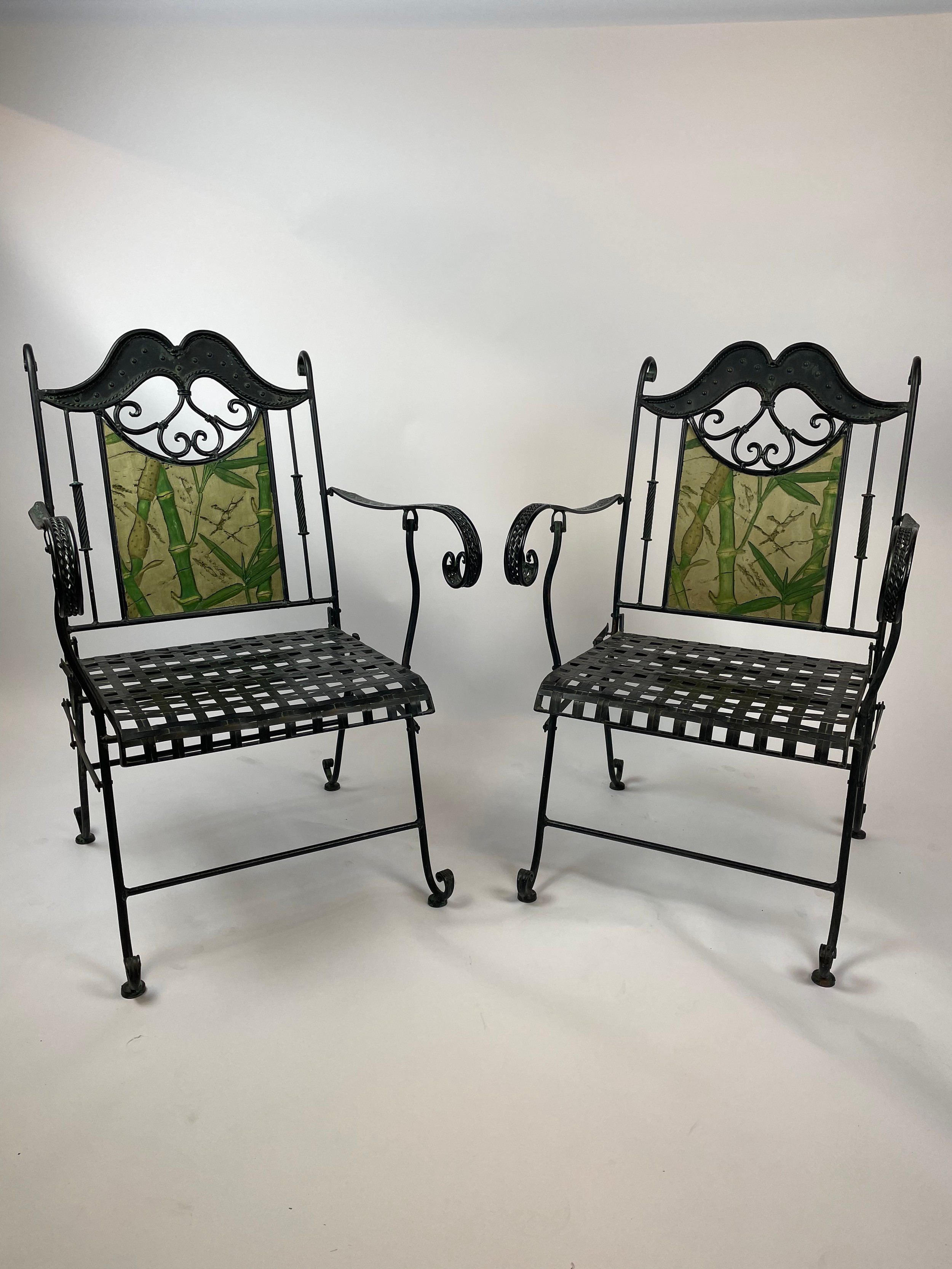 CONSERVATORY CHAIRS AND TABLE, wrought iron inlaid, with faux marble painted bamboo print, 57cm W - Image 2 of 4