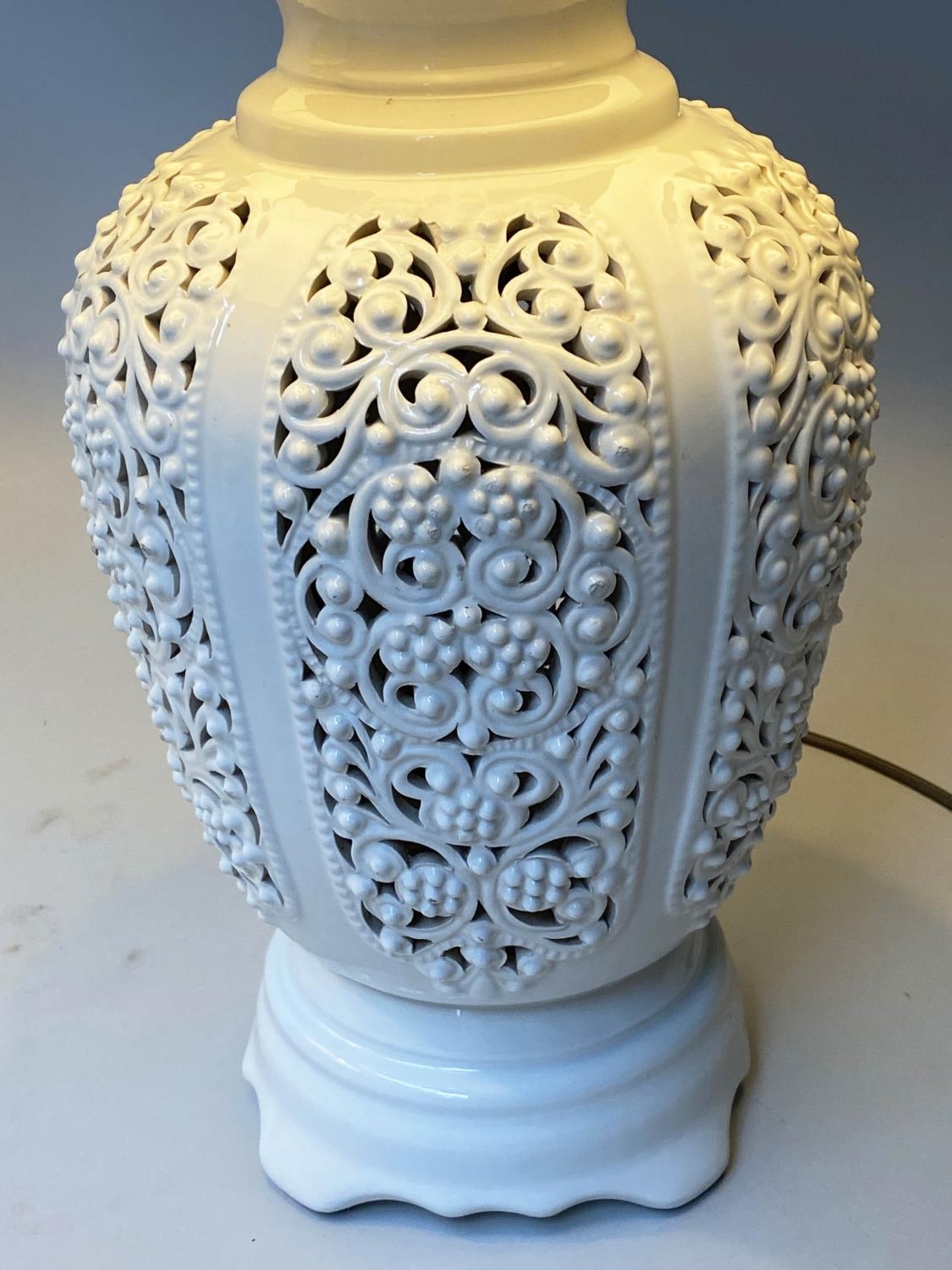 TABLE LAMPS, a pair, reticulated white ceramic of vase form with shades, 76cm H. (2) - Image 4 of 5