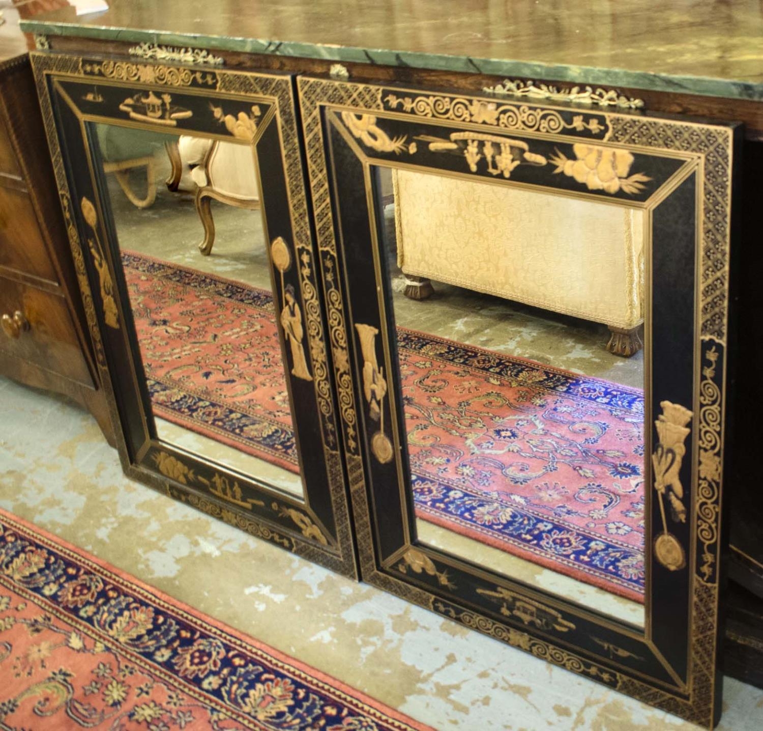 WALL MIRRORS, a pair, black and gilt Chinoiserie decorated, 66cm x 89cm H. (2) - Image 4 of 9