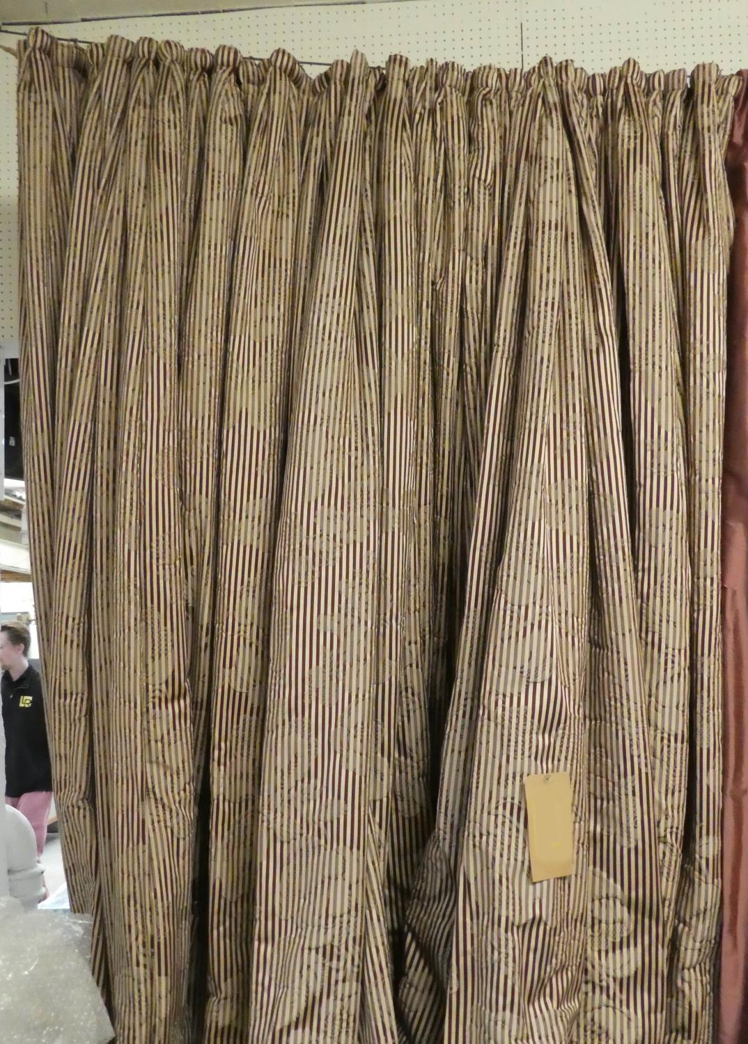 CURTAINS, a pair, one pair 210cm W gathered x 340cm drop, the other 120cm W gathered x 340cm drop,