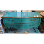 TURQUOISE BOMBE COMMODE, two drawers, wood. 60cm W x 160cm L x 90cm H.