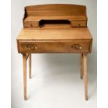 ERCOL WRITING TABLE, 1970's solid elm with gallery and frieze drawer, 69cm x 46cm x 95cm H.