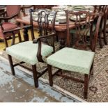 DINING CHAIRS, a set of six, George III style mahogany including two armchairs 66cm W with green