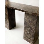HALL/CONSOLE TABLE, rectangular, variegated grey, brown and white marble platform raised upon