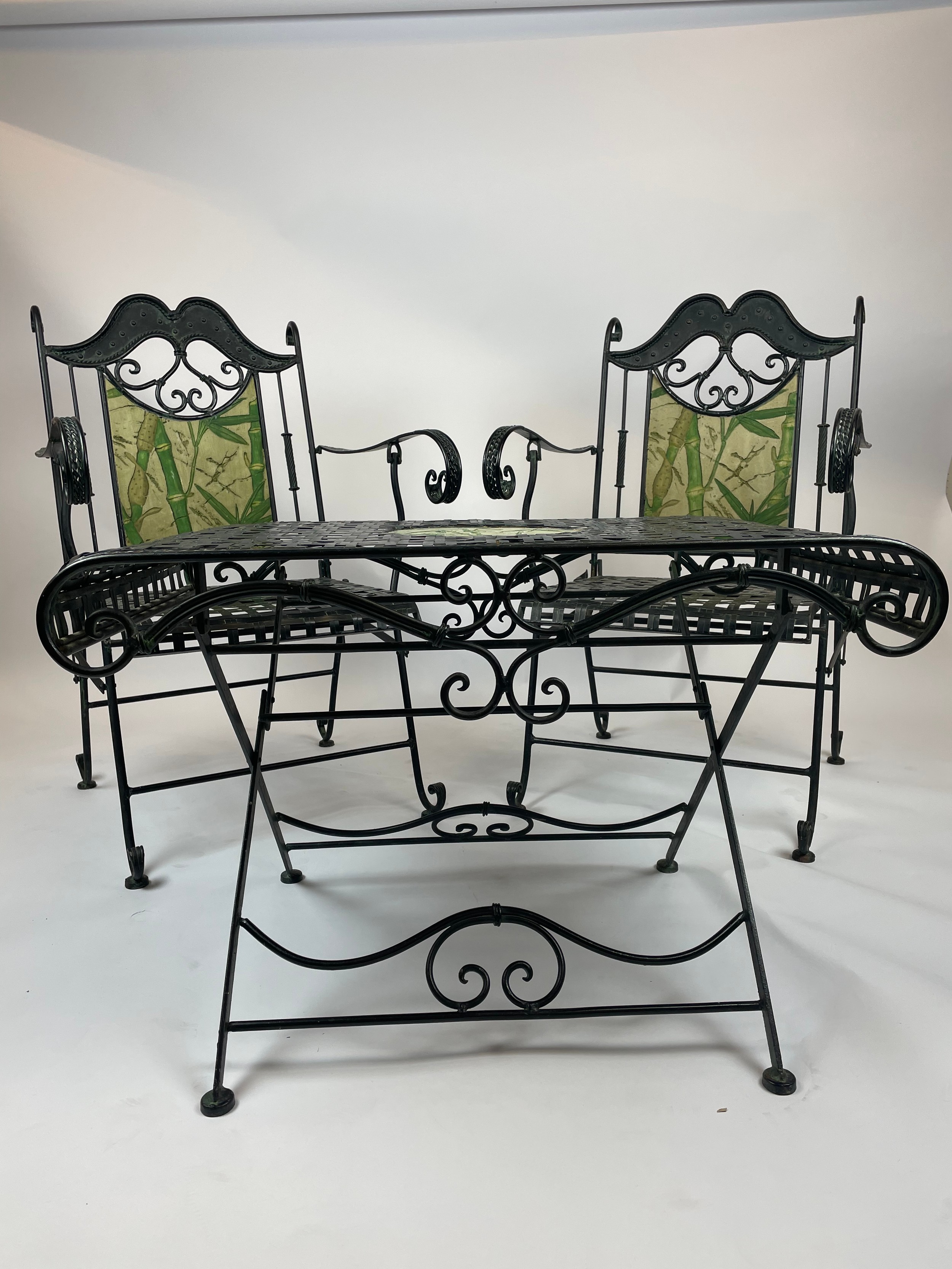 CONSERVATORY CHAIRS AND TABLE, wrought iron inlaid, with faux marble painted bamboo print, 57cm W - Image 3 of 4