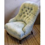 NURSING CHAIR, 74cm H x 58cm W, Victorian walnut and beechwood with blue chenille upholstery and