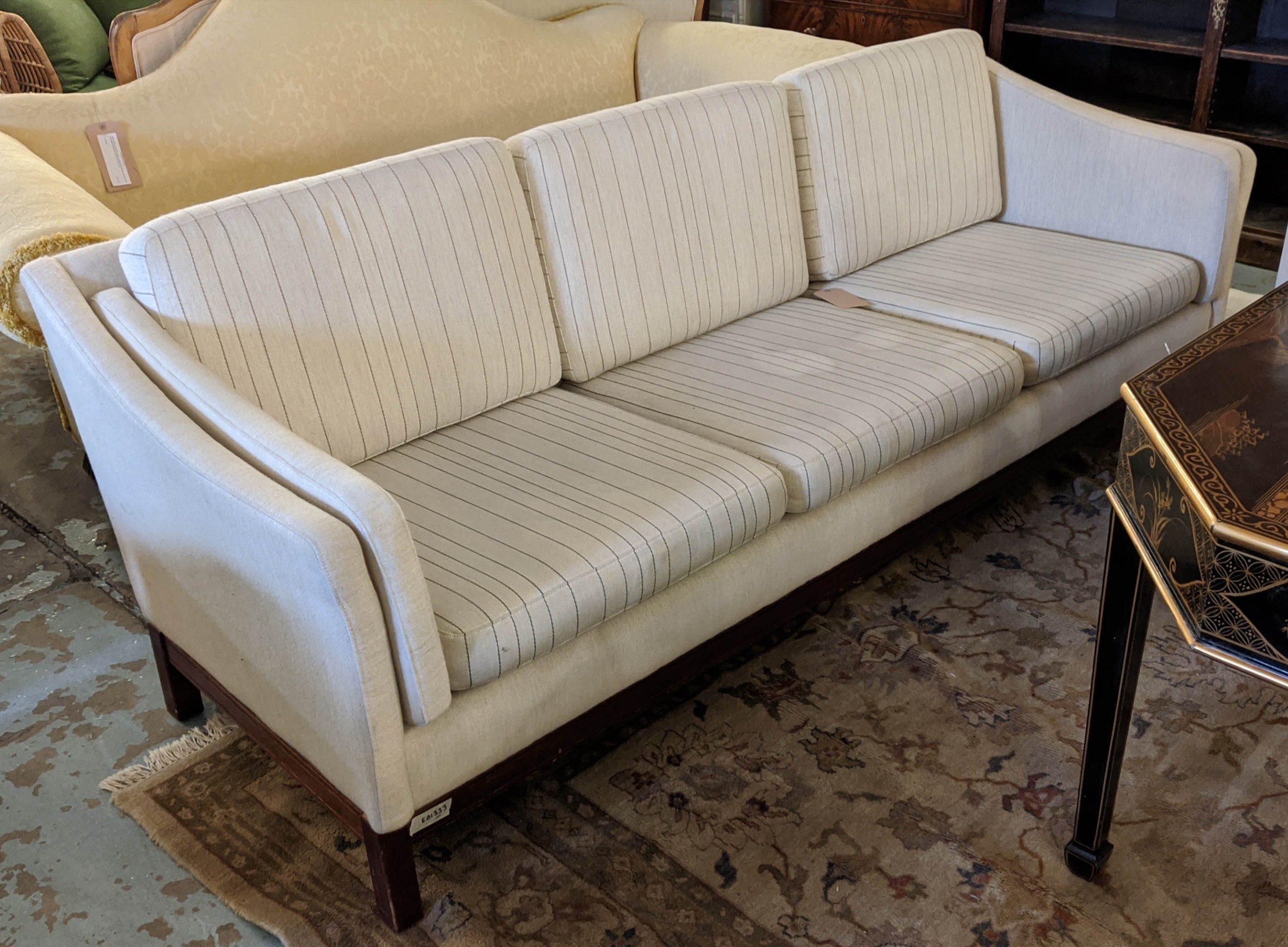 SOFA, 224cm striped upholstery. (fabric needs cleaning)