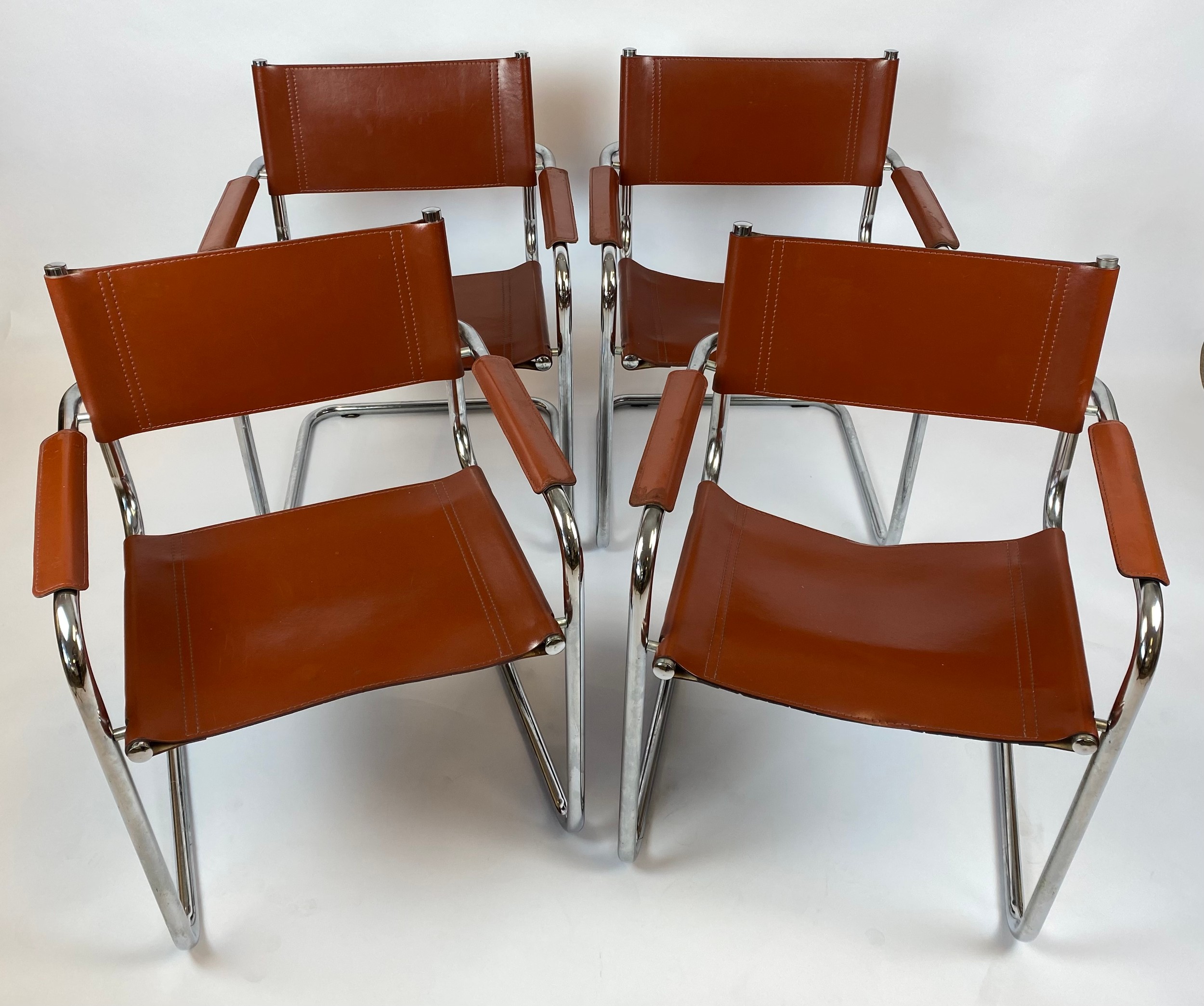 DINING ARMCHAIRS, a set of four, tan leather and cantilever chrome framed, after a design by Mart - Image 2 of 4