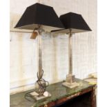 COLUMN TABLE LAMPS, black shades, metal column, 87cm H x 37cm W