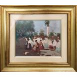 G PALLADINI, 'Young Women in a Courtyard', oil on board, 22cm x 28cm, signed, framed.