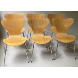 FRITZ HANSEN SERIES 7 DINING CHAIRS, a set of six, by Arne Jacobsen, bentwood and stacking (