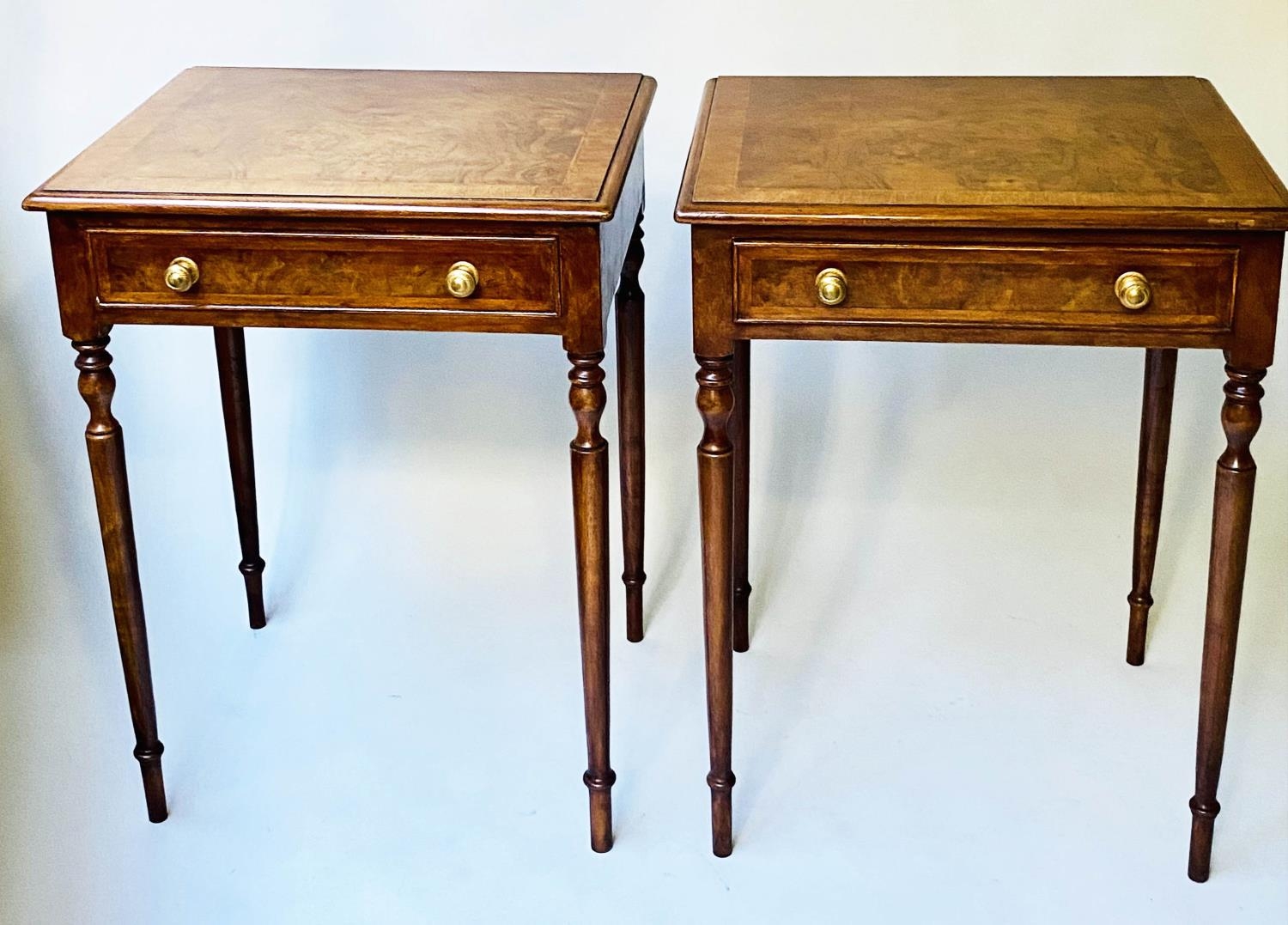 LAMP TABLES, a pair, George III style burr walnut and crossbanded each with a frieze drawer, 58cm - Image 2 of 6