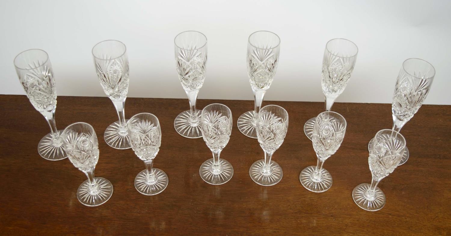 CHAMPAGNE FLUTES, a set of six, cut crystal glass along with six matching dessert wine glasses. (12) - Image 3 of 8