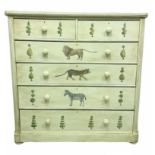 VICTORIAN PAINTED CHEST, decorated with topiary and exotic animals, two short over four long drawers