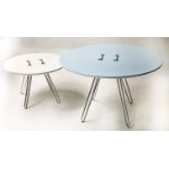 LOW TABLES, two, 70cm x 44cm and 50cm x 33cm, Casamania Twine, circular, lacquered blue and white,