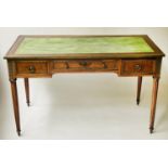 BUREAU PLAT, 19th century French Directoire, mahogany and brass mounted, with three frieze drawers