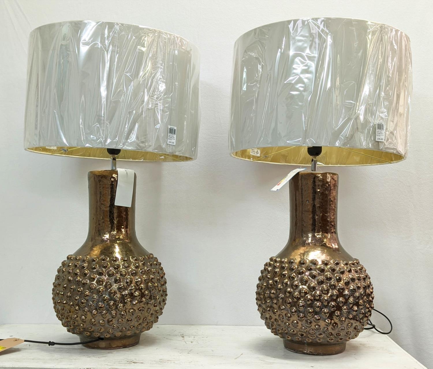 COACH HOUSE TABLE LAMPS, a pair, 79cm H silver glazed ceramic, with shades. (2)