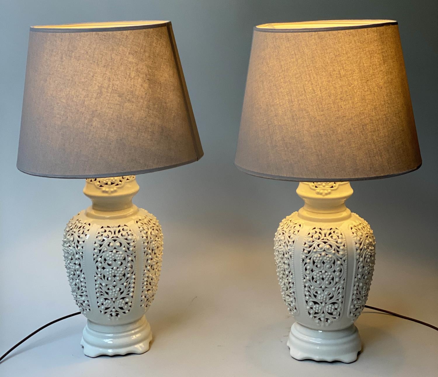 TABLE LAMPS, a pair, reticulated white ceramic of vase form with shades, 76cm H. (2) - Image 5 of 5