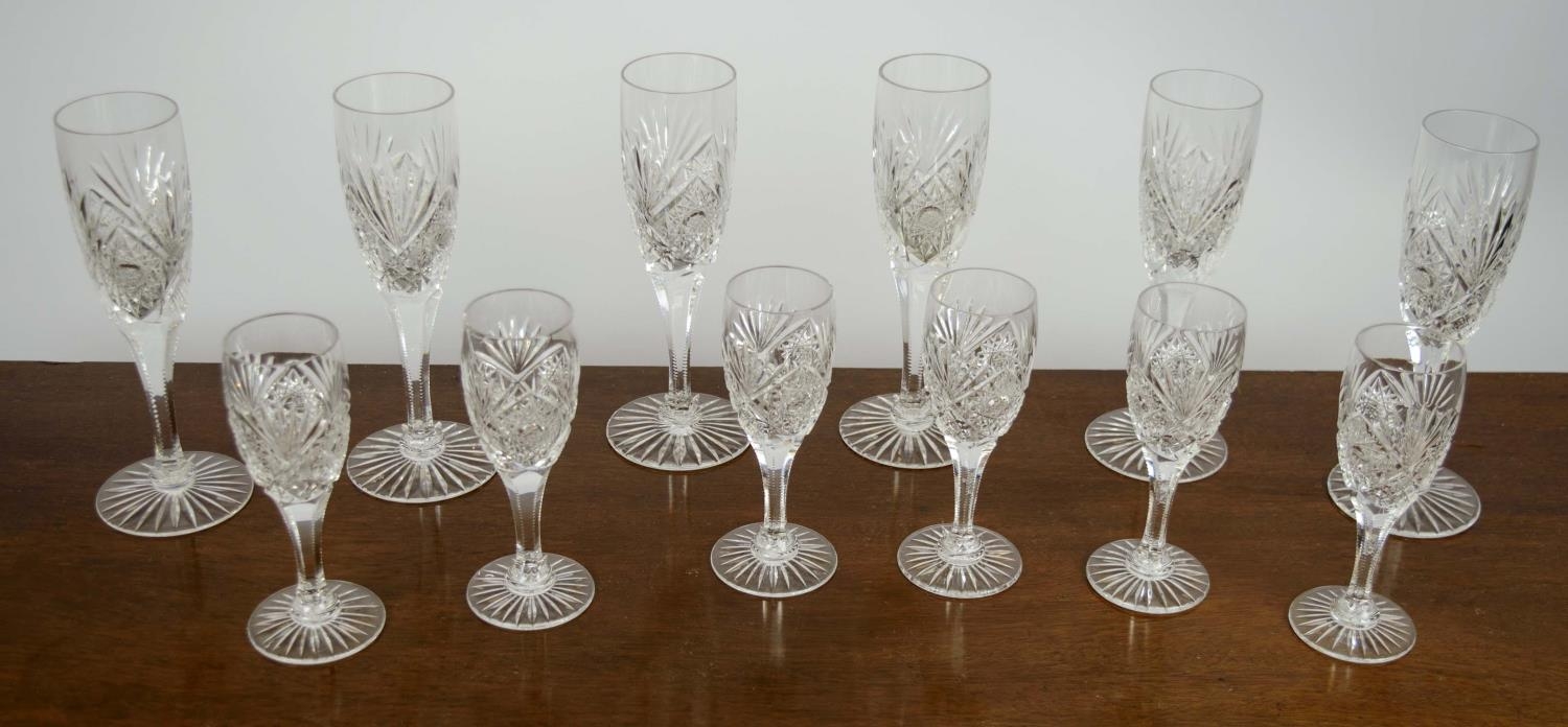 CHAMPAGNE FLUTES, a set of six, cut crystal glass along with six matching dessert wine glasses. (12) - Image 2 of 8