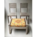 GARDEN CHAIRS, a pair, weathered teak with a cushioned stool, 62cm x 53cm x 40cm H. (3)