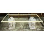 ELEPHANT LOW TABLE, carved marble elephant base pillars, glass top, 150cm x 62cm x 50cm approx.