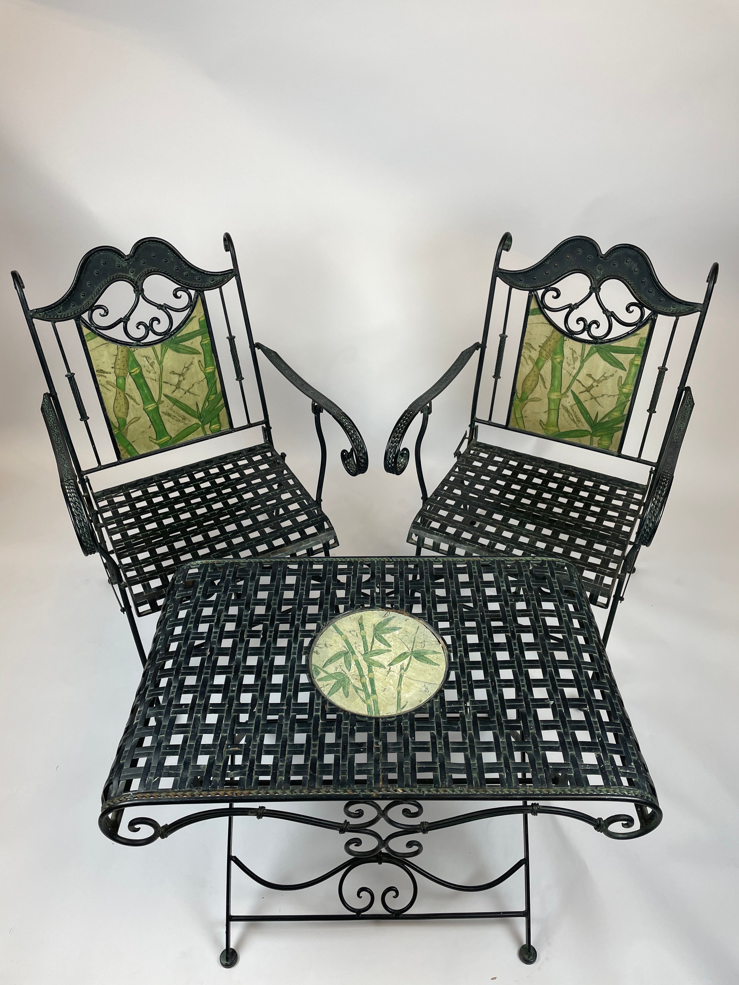 CONSERVATORY CHAIRS AND TABLE, wrought iron inlaid, with faux marble painted bamboo print, 57cm W - Image 4 of 4