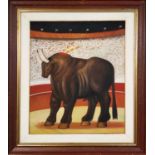 MANNER OF FERNANDO BOTERO, 'Bull in a Corrida', oil on canvas laid on board, 61cm x 51cm, framed.