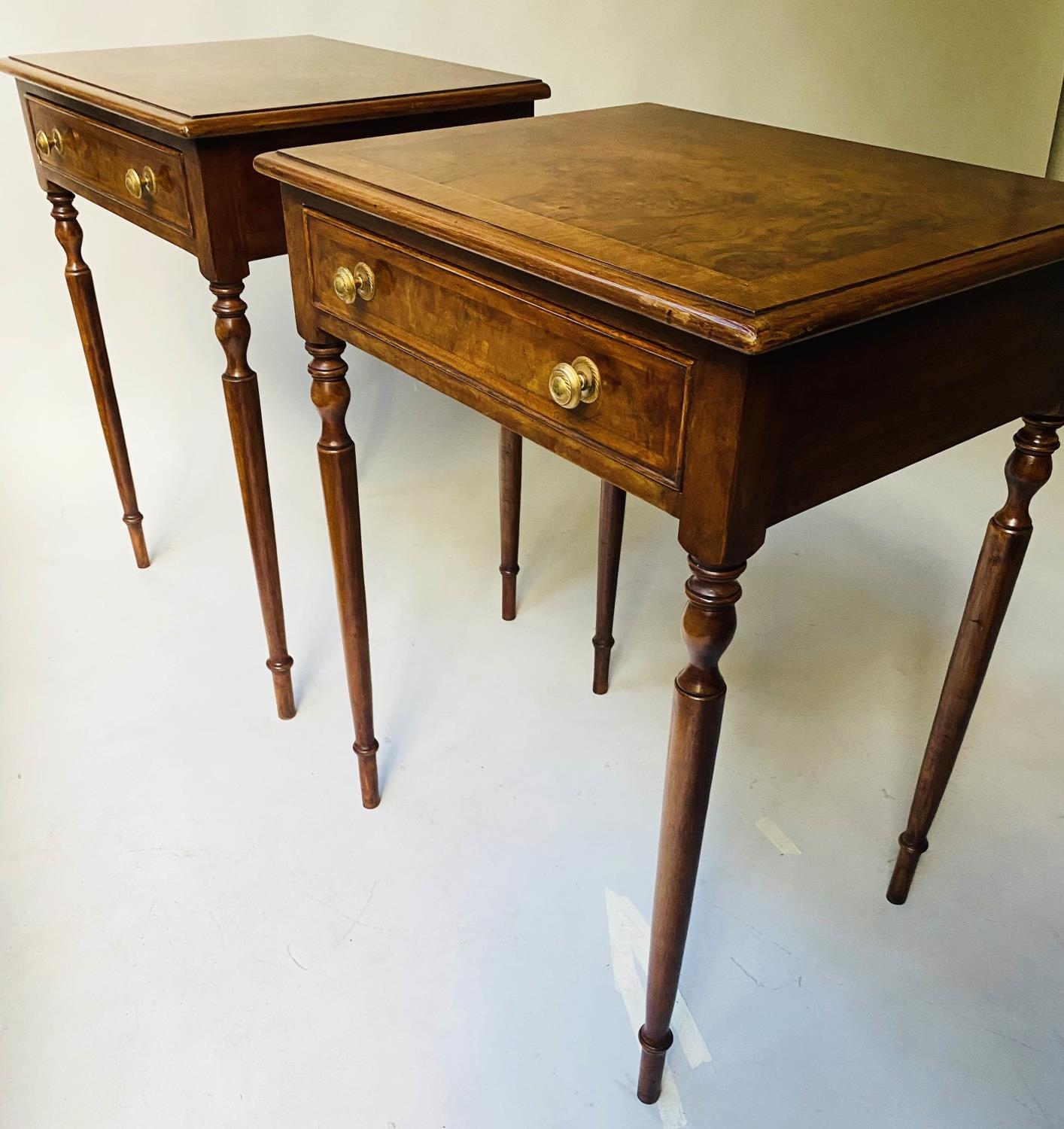 LAMP TABLES, a pair, George III style burr walnut and crossbanded each with a frieze drawer, 58cm - Image 6 of 6