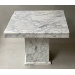 LOW TABLE, square variegated veined white marble on plinth base, 70cm W x 70cm D x 55cm H.