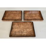 DRINKS TRAYS, a set of three, burr walnut veneer finish, 43cm x 30cm x 5cm. (3)