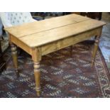 KITCHEN TABLE, Victorian pine with turned legs, 73cm H x 124cm x 66cm. (with faults)