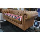 CHESTERFIELD SOFA, 73cm H x 246cm W x 90cm D, tan leather with four union jack seat cushions.