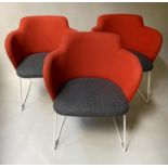 BETSY GRESHAM ARMCHAIRS, a set of three, with two tone grey/red upholstery and chrome supports, 80cm