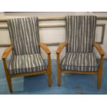 PARKER KNOLL ARMCHAIRS, 80cm H x 65cm W x 87cm D, a pair, circa 1960, Beechwood in blue and white