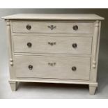 COMMODE, 19th century North European, traditionally grey painted, with three long drawers and