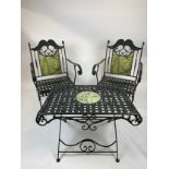 CONSERVATORY CHAIRS AND TABLE, wrought iron inlaid with faux marble painted bamboo print, 57cm W x