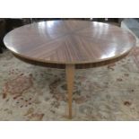 DINING TABLE, 175cm diam., with a segmented zebra wood top and three detachable oak supports.