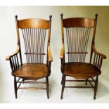 ARMCHAIRS, a pair, late 19th/early 20th century oak, possibly American, each with spindle back and