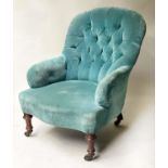 ARMCHAIR, Victorian mahogany with sapphire blue buttoned velvet upholstery and rounded back, 67cm W.