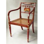 ARMCHAIR, early 20th century, scarlet lacquered and Chinoiserie gilt, with cane panelled seat,