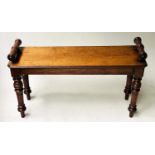HALL BENCH, 19th century English walnut rectangular with bolster handles and turned supports,