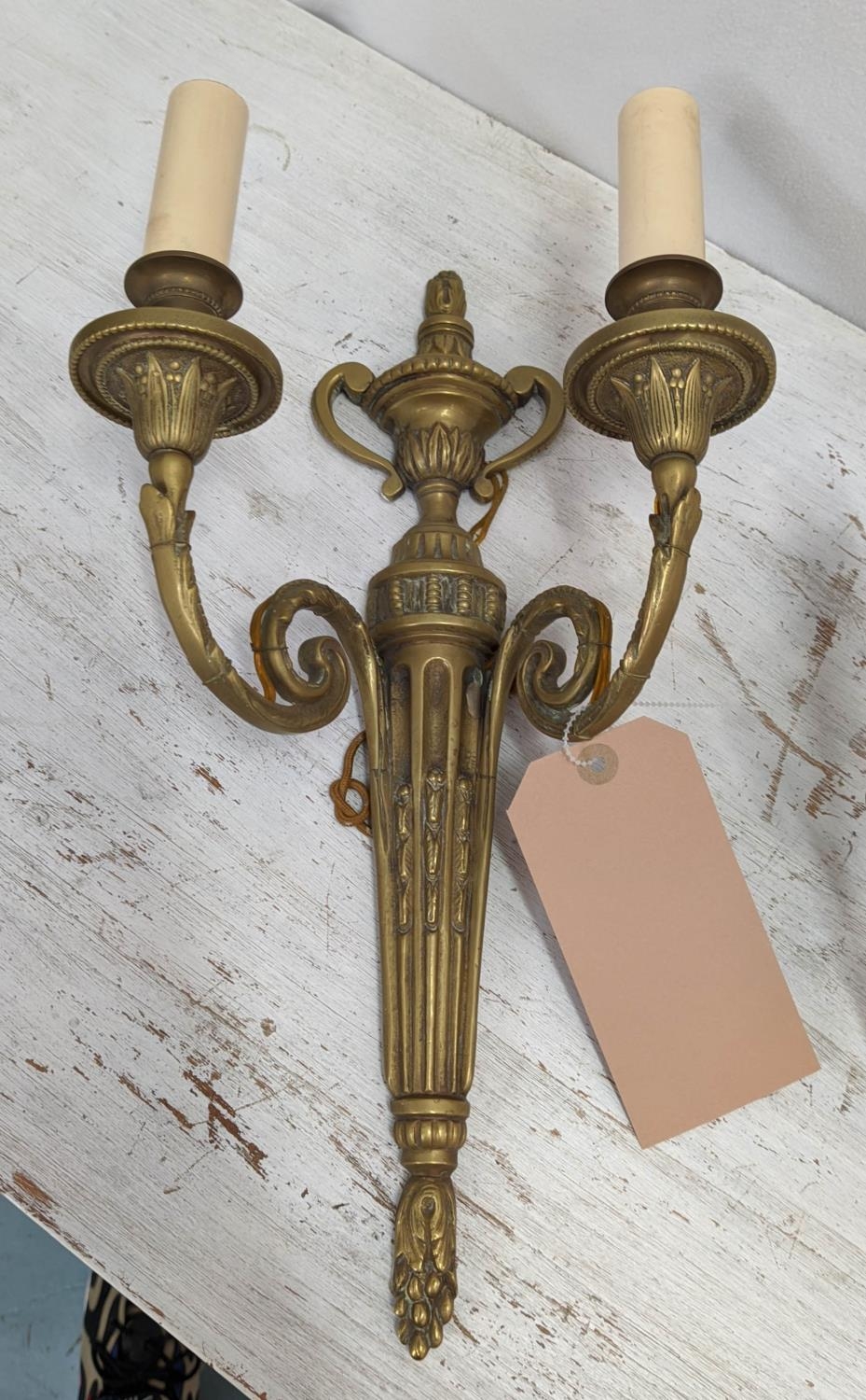 WALL SCONCES, a pair, 43cm L, two branch, gilt metal. (2) - Image 2 of 3