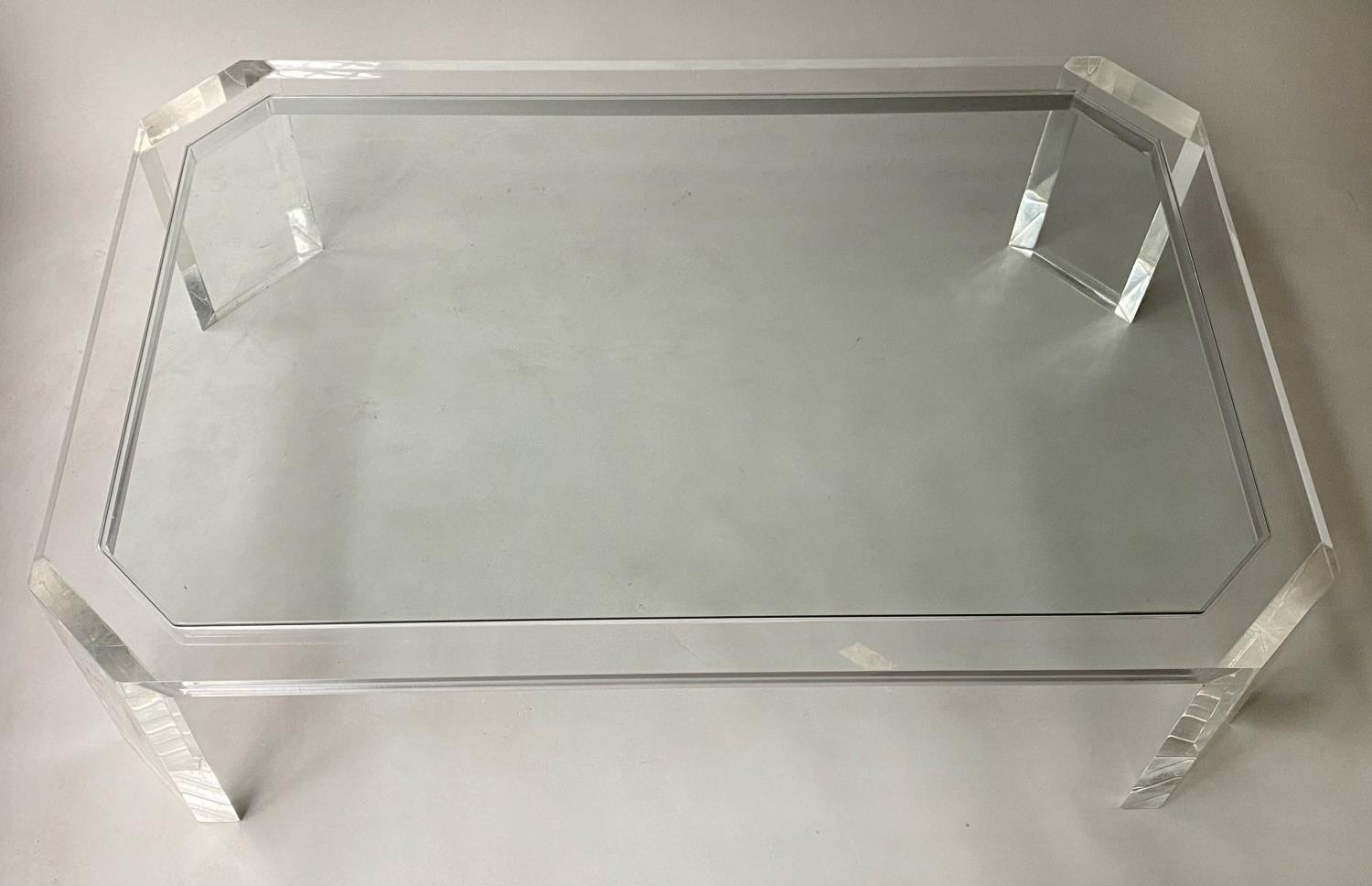 LOW TABLE, rectangular lucite framed and glass inset, 120cm W x 80cm D x 32cm H