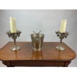 CHAMPAGNE BUCKET, 'stag' mounts with a pair of matching candlesticks. (3)