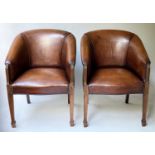 LIBRARY/DESK CHAIRS, a pair, George III style, tub form mahogany framed and stitched leather, 67cm