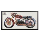 CONTEMPORARY SCHOOL DECOUPAGE MOTORBIKE, framed and glazed, 61cm x 121cm.