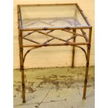 LAMP TABLE, 55cm H x 45cm, gilt metal simulated bamboo with square bevelled glass top.